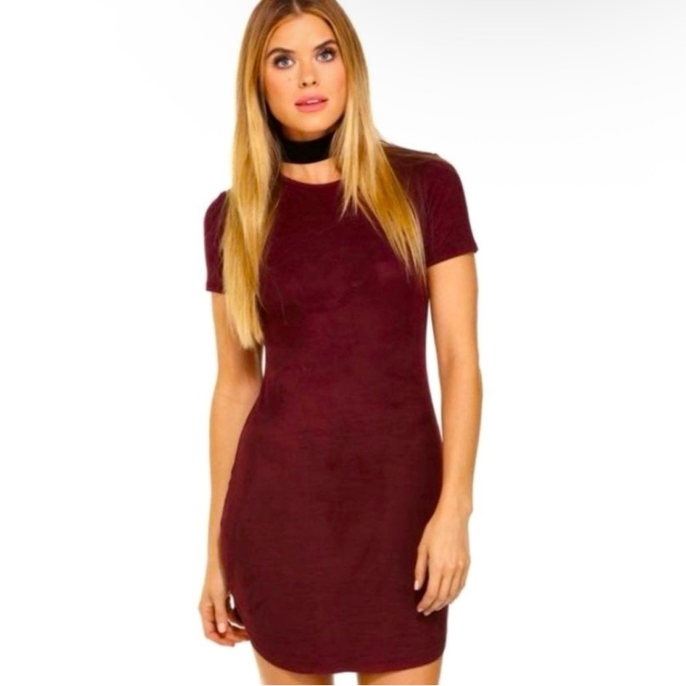 Windsor Wine Red Faux Suede Short Sleeve T-Shirt Dress